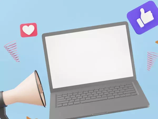 Social Media Marketing SMM Service with laptop and like icons - Digi Brand Nova